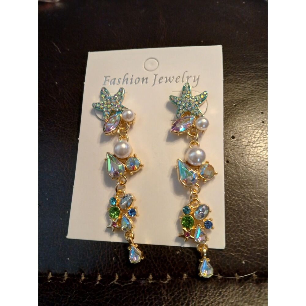 Blue Starfish, Stones, & Pearls Dangle Earrings - Picture 4 of 4